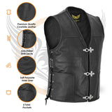 Leatherick Black Fishhook Buckle Leather Vest with Side Laces