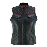 Front - Leatherick Womens SOA club vest with Red Heart Stitch