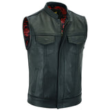 Leatherick Men’s Black Leather Biker vest with Paisley Liner