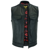 Leatherick Men’s Black Leather Biker vest with Paisley Liner