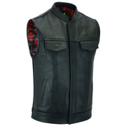 Leatherick Men’s Black Leather Biker vest with Paisley Liner