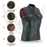 Leatherick Womens SOA club vest with Red Heart Stitch