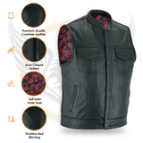 Leatherick Men’s Black Leather Biker vest with Paisley Liner