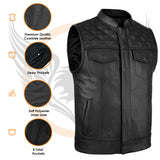 Features infographic of SOA Pre Black Diamond Leather Waistcoat showing stitching, pockets, and hardware details.