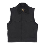 Gilet da motociclista in denim nero con collo in pelliccia di similpelle