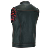 Leatherick Men’s Red Stitch Leather Biker Vest With Paisley Liner