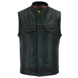 Leatherick Men’s Red Stitch Leather Biker Vest With Paisley Liner