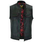 Leatherick Men’s Red Stitch Leather Biker Vest With Paisley Liner