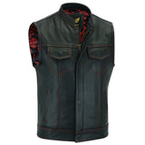 Leatherick Men’s Red Stitch Leather Biker Vest With Paisley Liner