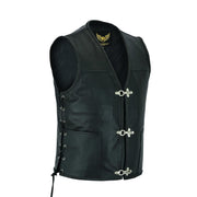 Leatherick Black Fishhook Buckle Leather Vest with Side Laces