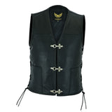 Leatherick Black Fishhook Buckle Leather Vest with Side Laces